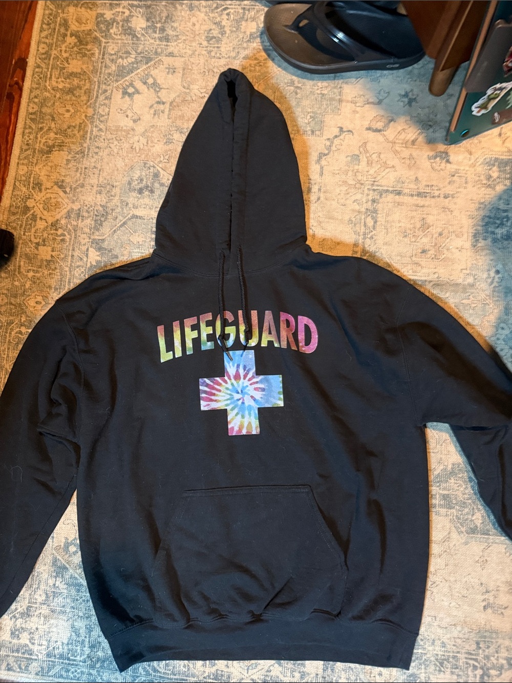 Gildan Black Crewneck Hoodie with Rainbow Tie-Dye Lifeguard Graphic
